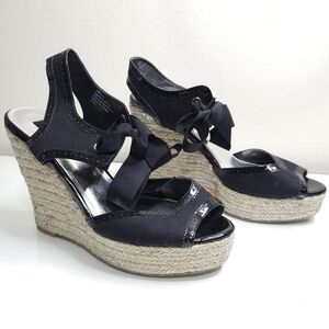 White House Black Market Tipton Wedge Sandals 9.5 Black Bow Espadrille Platform